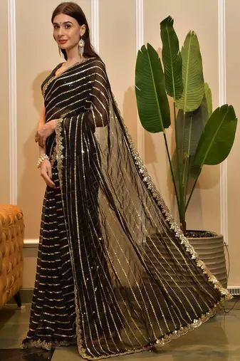 black black striped embellished sequinned saree
