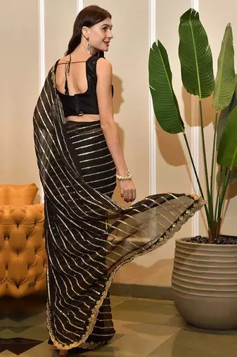 black black striped embellished sequinned saree
