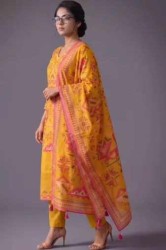 women printed regular kurta with trousers & with dupatta