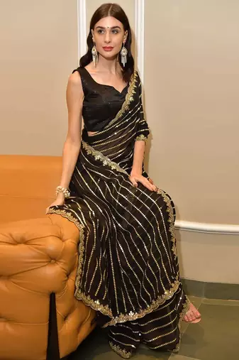 black black striped embellished sequinned saree