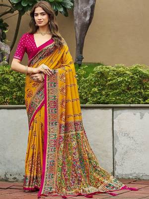 mustard mustard tussar silk ethnic printed traditional wear matching blouse sarees 1