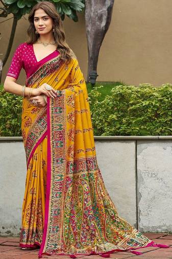 mustard mustard tussar silk ethnic printed traditional wear matching blouse sarees