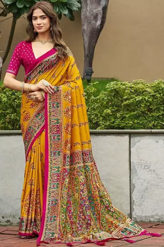 mustard mustard tussar silk ethnic printed traditional wear matching blouse sarees
