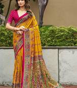 mustard mustard tussar silk ethnic printed traditional wear matching blouse sarees
