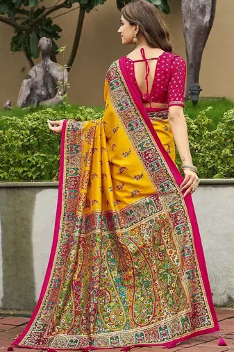 mustard mustard tussar silk ethnic printed traditional wear matching blouse sarees