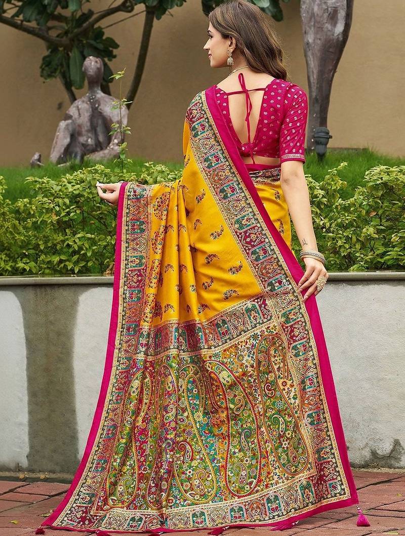 mustard mustard tussar silk ethnic printed traditional wear matching blouse sarees