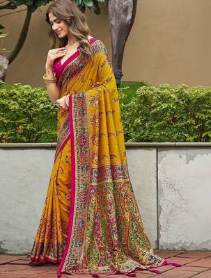 mustard mustard tussar silk ethnic printed traditional wear matching blouse sarees 3