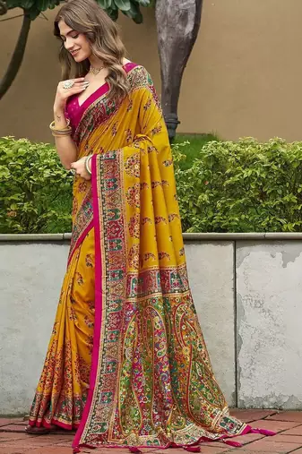 mustard mustard tussar silk ethnic printed traditional wear matching blouse sarees