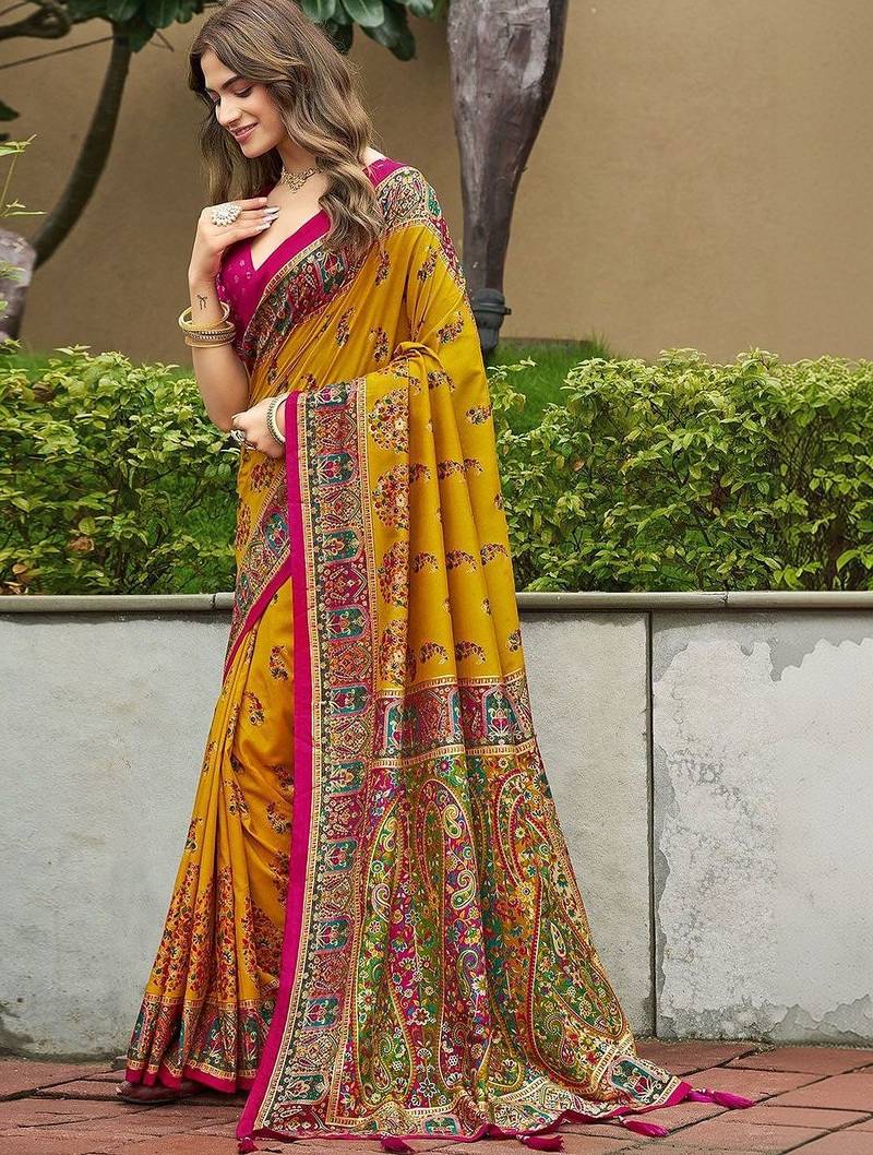mustard mustard tussar silk ethnic printed traditional wear matching blouse sarees