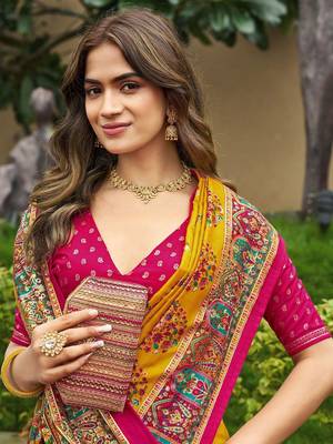 mustard mustard tussar silk ethnic printed traditional wear matching blouse sarees 4