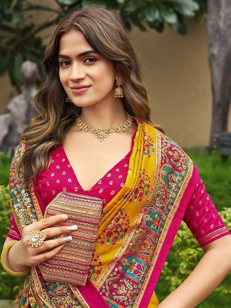 mustard mustard tussar silk ethnic printed traditional wear matching blouse sarees