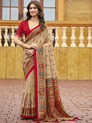 beige beige tussar silk ethnic printed traditional wear matching blouse sarees 1