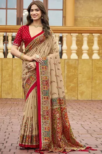 beige beige tussar silk ethnic printed traditional wear matching blouse sarees