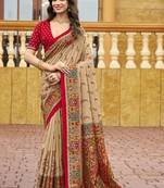 beige beige tussar silk ethnic printed traditional wear matching blouse sarees
