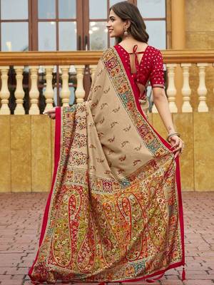 beige beige tussar silk ethnic printed traditional wear matching blouse sarees 2