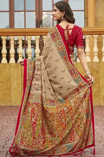beige beige tussar silk ethnic printed traditional wear matching blouse sarees