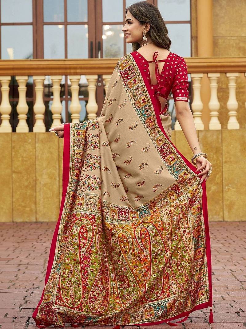 beige beige tussar silk ethnic printed traditional wear matching blouse sarees