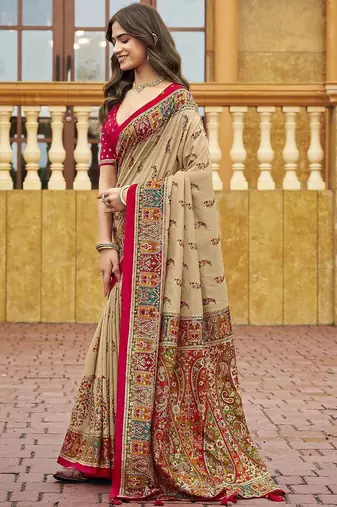 beige beige tussar silk ethnic printed traditional wear matching blouse sarees