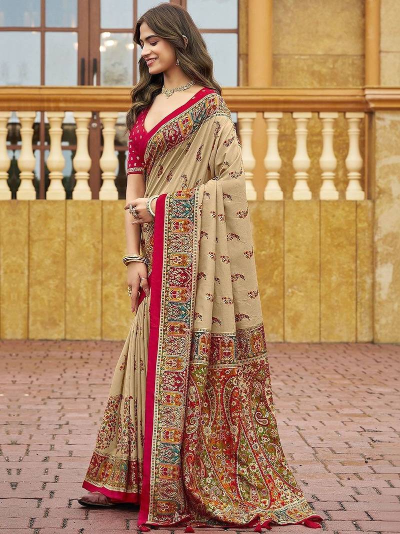 beige beige tussar silk ethnic printed traditional wear matching blouse sarees