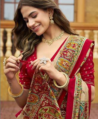 beige beige tussar silk ethnic printed traditional wear matching blouse sarees 4