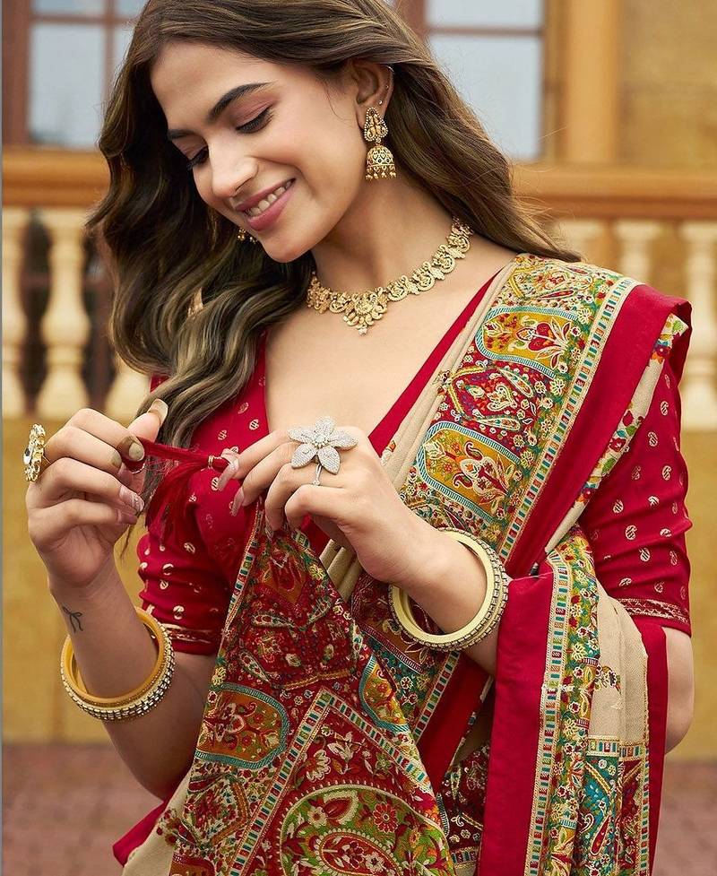 beige beige tussar silk ethnic printed traditional wear matching blouse sarees