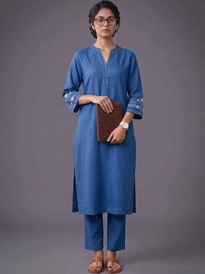 women ethnic motifs embroidered regular thread work kurta with trousers 1