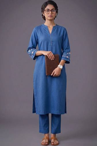 women ethnic motifs embroidered regular thread work kurta with trousers