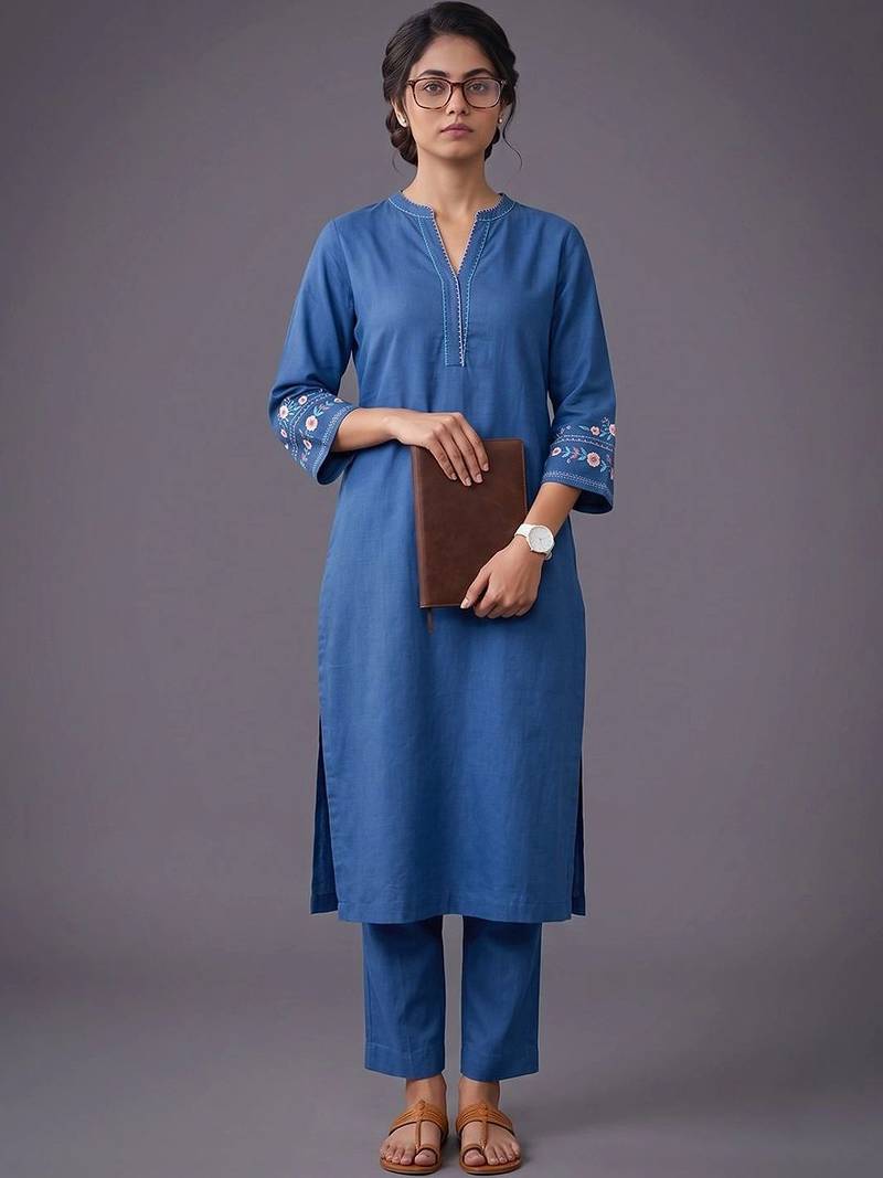 women ethnic motifs embroidered regular thread work kurta with trousers