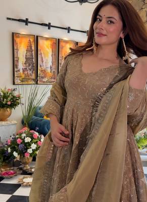 Fancy heavy embroidery work flared anarkali kurti with bottom & dupatta set 2