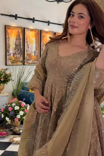Fancy heavy embroidery work flared anarkali kurti with bottom & dupatta set