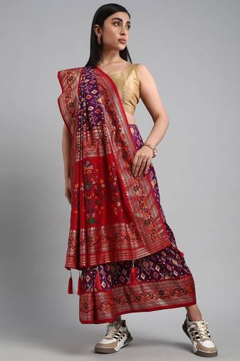 purple purple & red ethnic motifs woven design zari patola saree