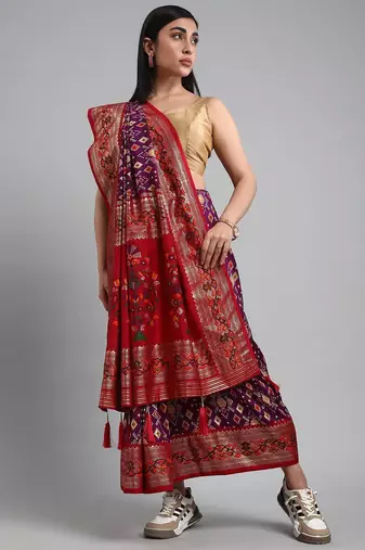 purple purple & red ethnic motifs woven design zari patola saree