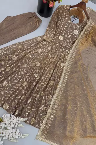 Fancy heavy embroidery work flared anarkali kurti with bottom & dupatta set