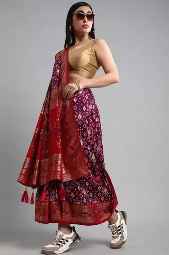 purple purple & red ethnic motifs woven design zari patola saree