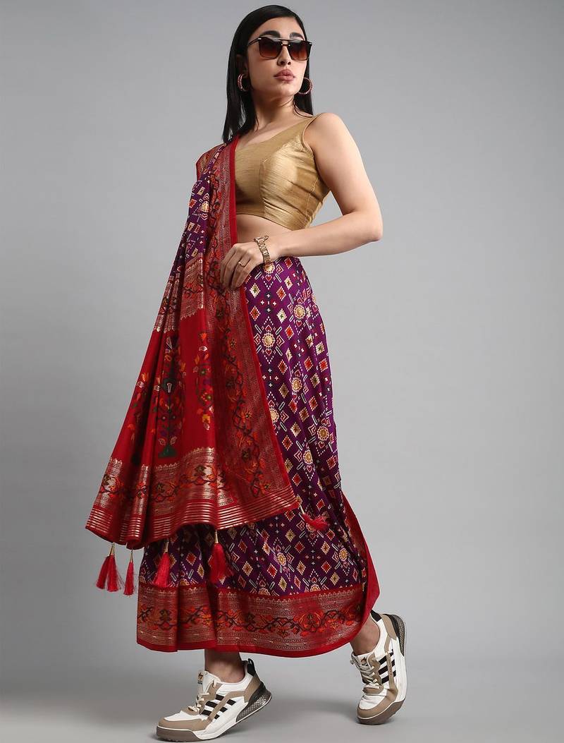 purple purple & red ethnic motifs woven design zari patola saree