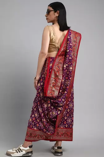 purple purple & red ethnic motifs woven design zari patola saree