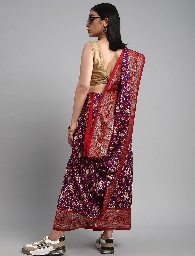 purple purple & red ethnic motifs woven design zari patola saree