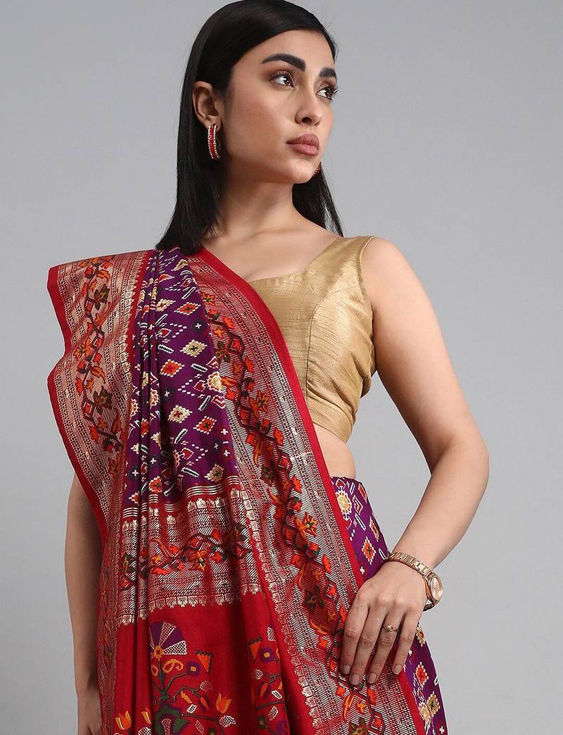 purple purple & red ethnic motifs woven design zari patola saree
