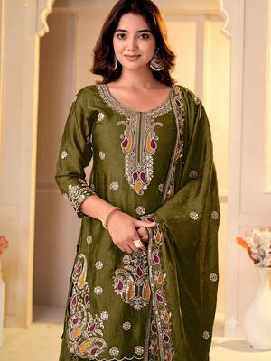 Mehendi green embroidered kurti with sharara and dupatta set for women 2