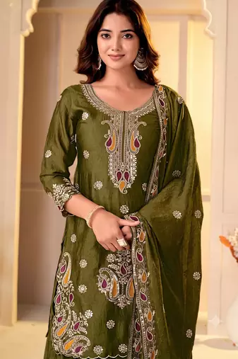 Mehendi green embroidered kurti with sharara and dupatta set for women