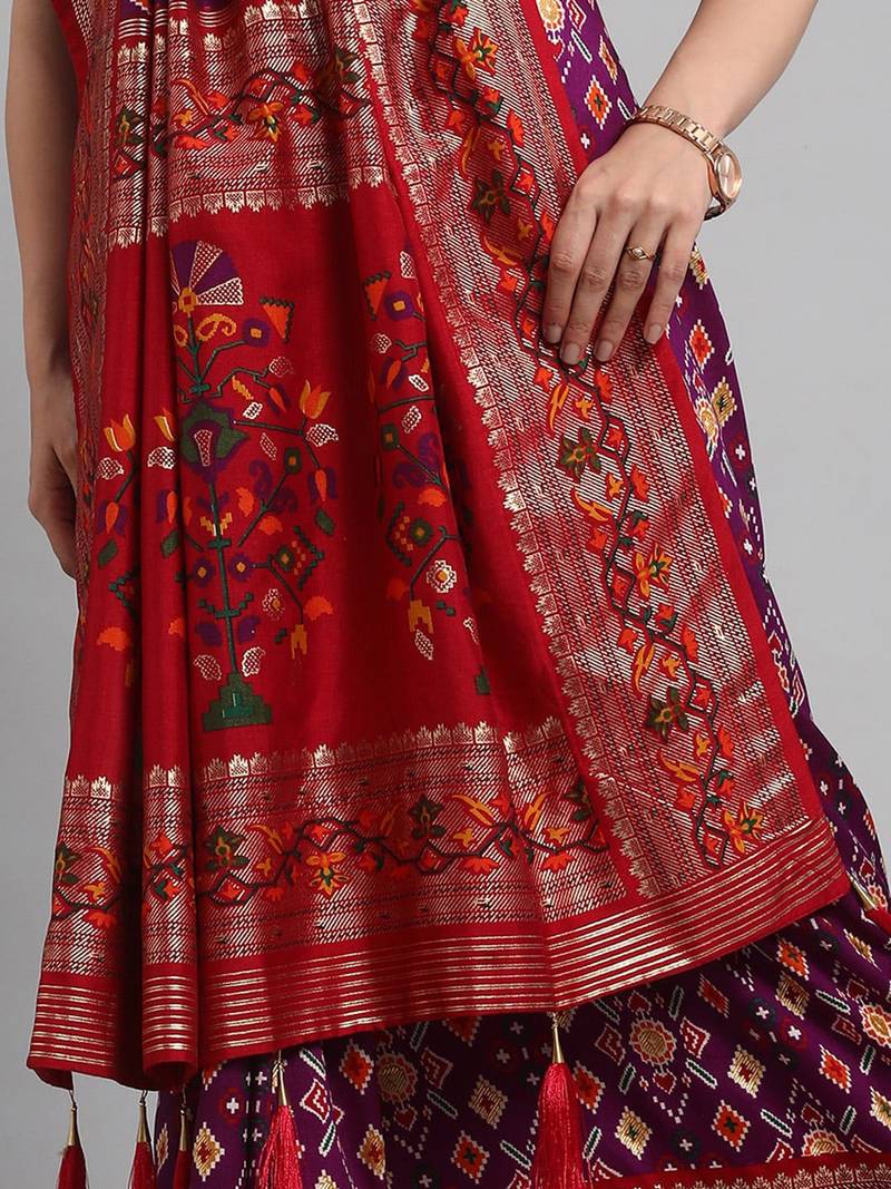 purple purple & red ethnic motifs woven design zari patola saree