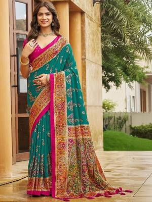teal teal green tussar silk ethnic printed traditional wear matching blouse sarees 1