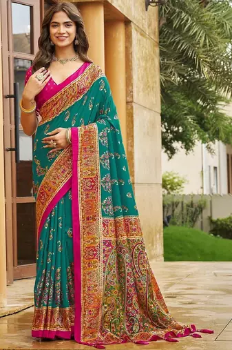 teal teal green tussar silk ethnic printed traditional wear matching blouse sarees