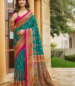 teal teal green tussar silk ethnic printed traditional wear matching blouse sarees