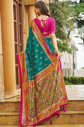 teal teal green tussar silk ethnic printed traditional wear matching blouse sarees
