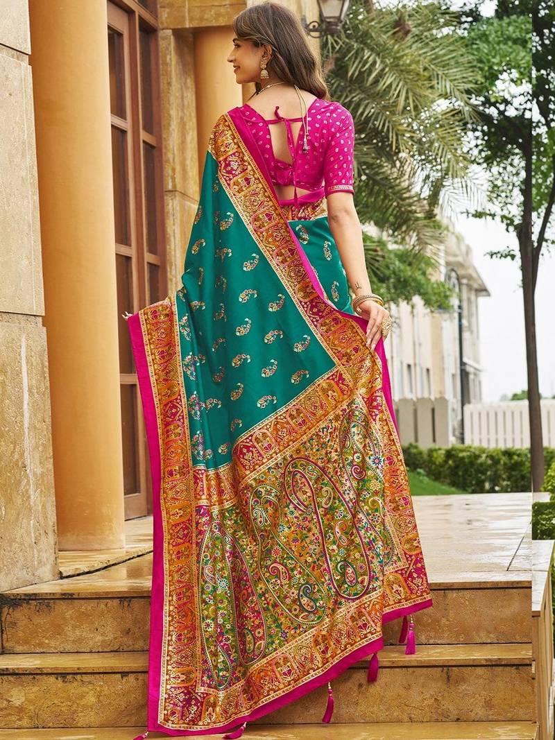 teal teal green tussar silk ethnic printed traditional wear matching blouse sarees