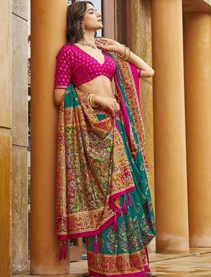 teal teal green tussar silk ethnic printed traditional wear matching blouse sarees 3