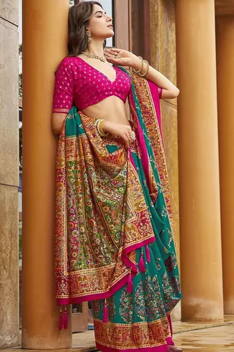 teal teal green tussar silk ethnic printed traditional wear matching blouse sarees