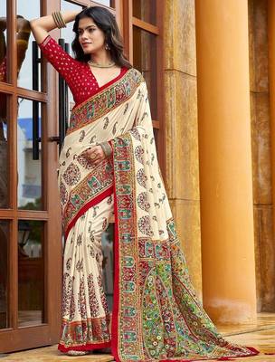 cream off white tussar silk ethnic printed traditional wear matching blouse sarees 1