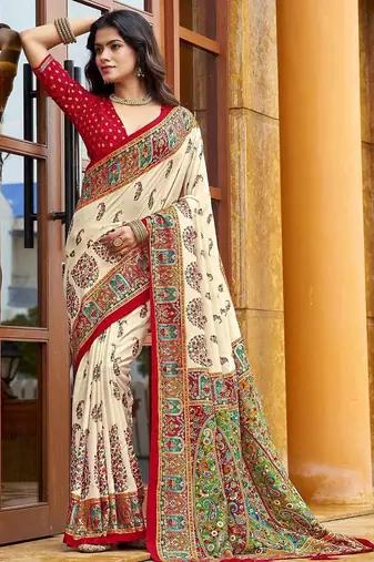 cream off white tussar silk ethnic printed traditional wear matching blouse sarees